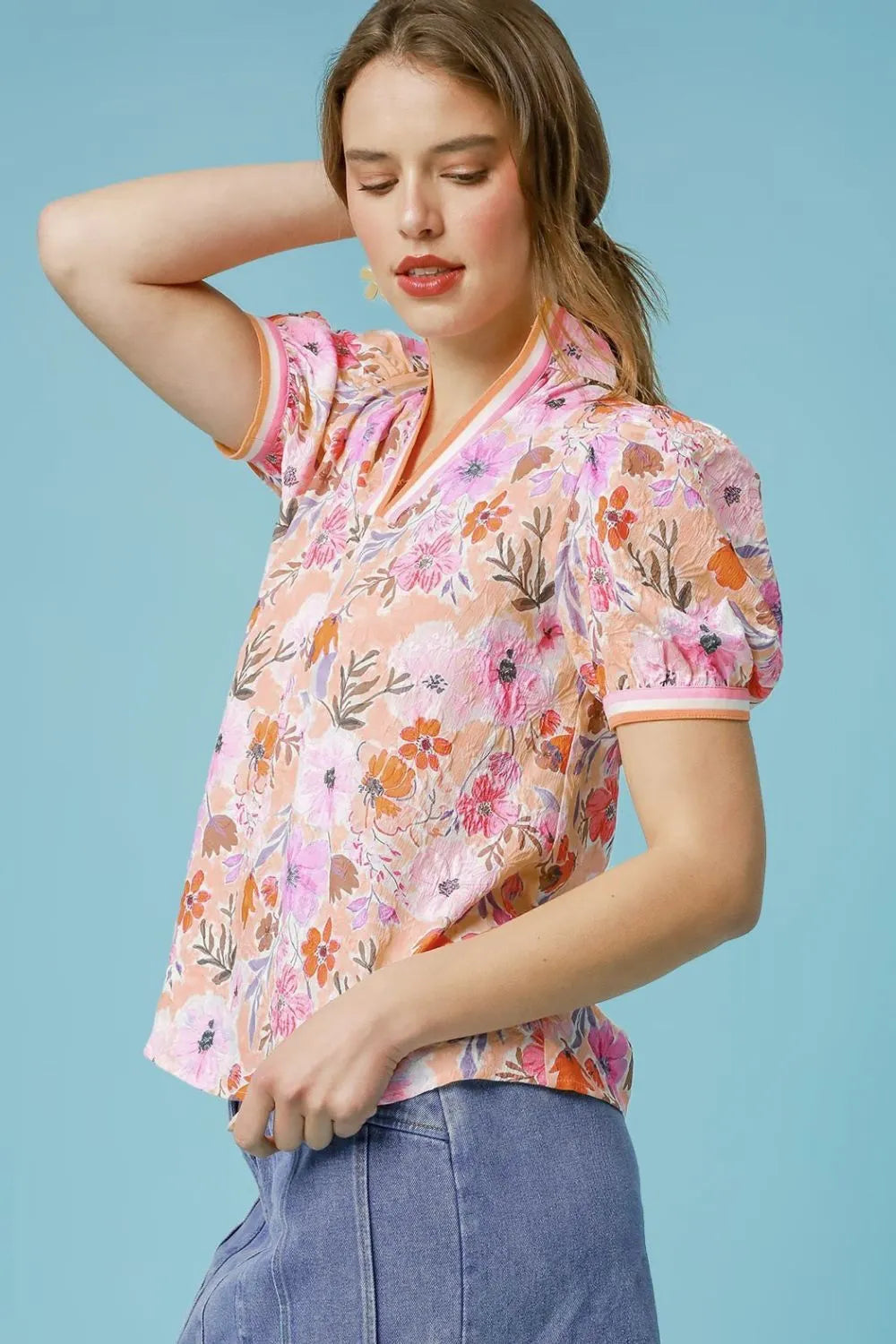 Umgee Floral Print Puff Sleeve Blouse