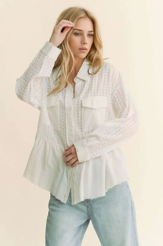 Davi & Dani Garment Washed Jacquard Button Front Shirt White