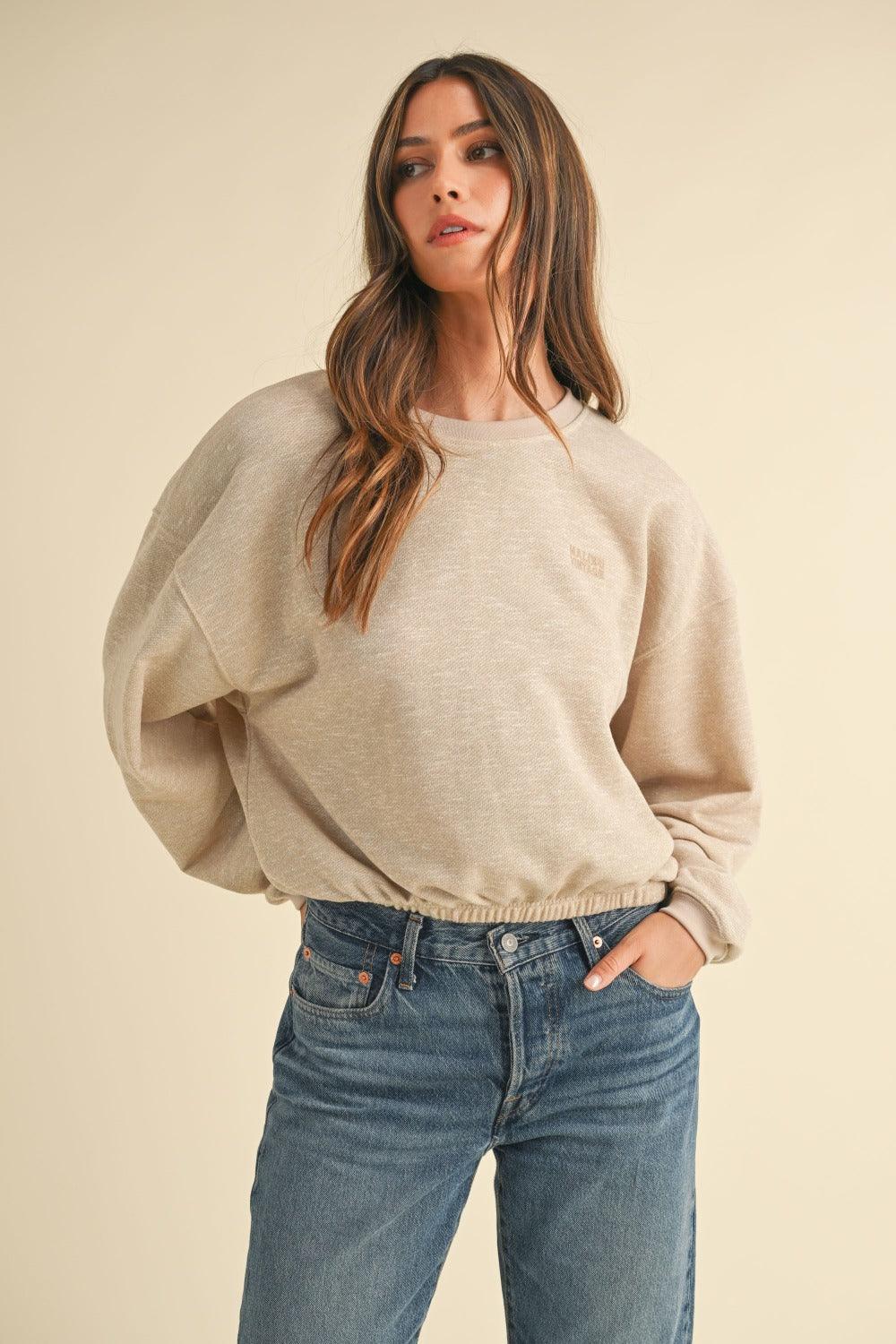 Mable Round Neck Letter Embroidery Crop Sweatshirt Taupe