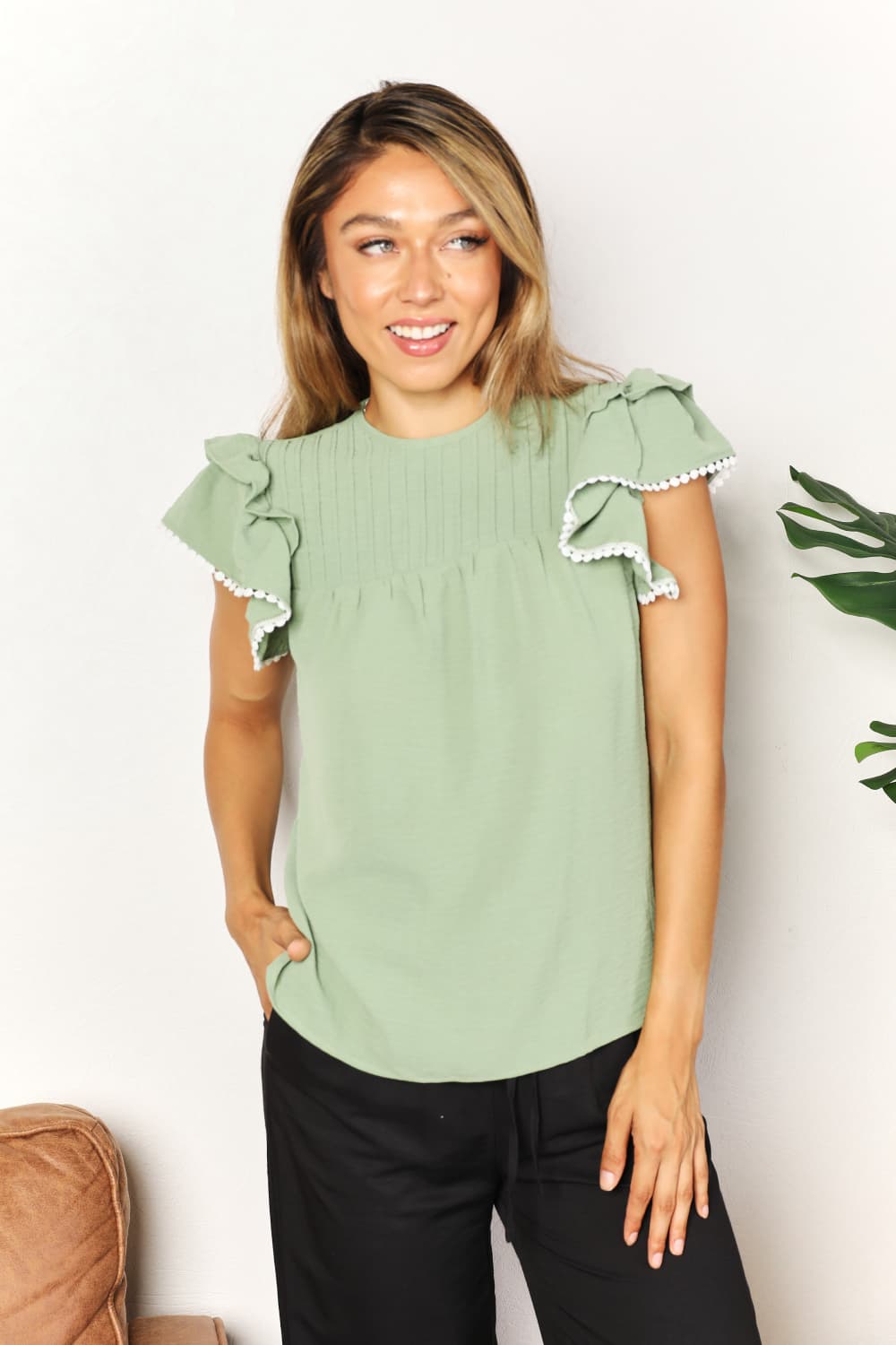 Perfee Pleated Detail Flutter Sleeve Blouse Light Green