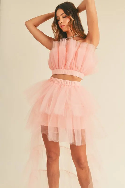 MABLE Tulle Tube Ruffle Crop Top and High Low Maxi Skirt Set