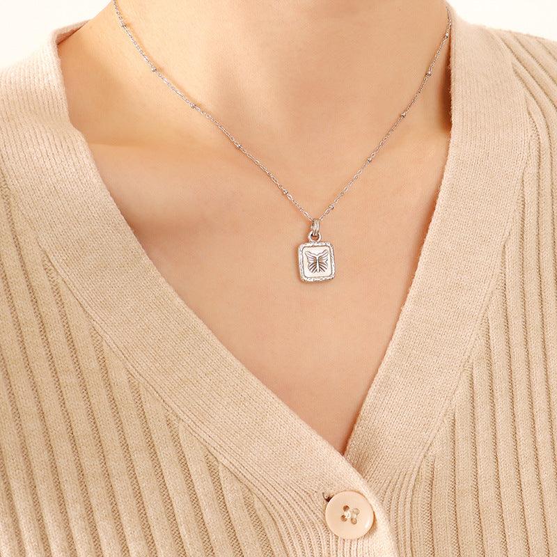Butterfly Square Titanium Steel Pendant Necklace Silver One Size