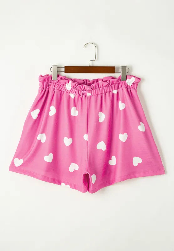 Heart Round Neck Long Sleeve Top and Elastic Waist Shorts Set