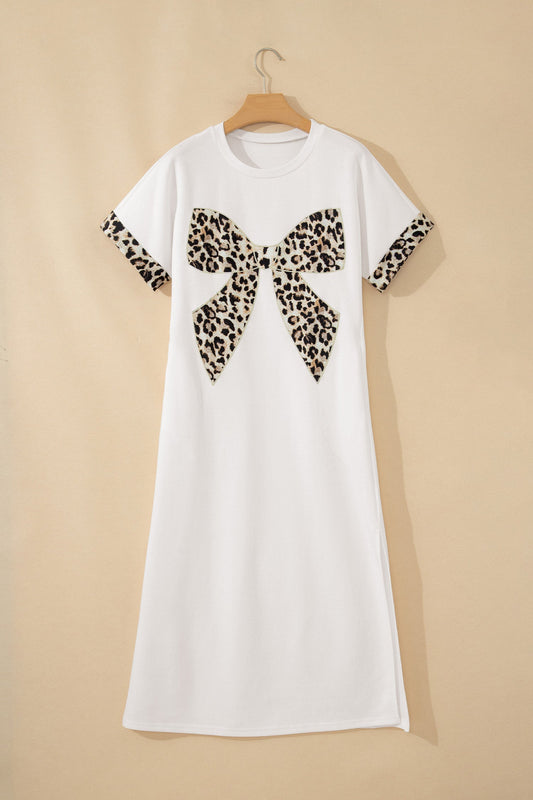 Leopard Bow Patched Short Sleeve T-Shirt Long Dress