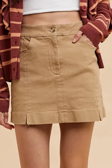 Annie Wear Comfort Stretch Cotton Slit Detailed Mini Skirt KHAKI