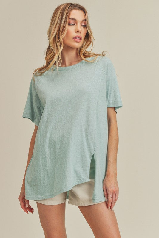 Aemi + Co Asymmetrical Front Slit Round Neck Raglan Sleeve T-Shirt Sky