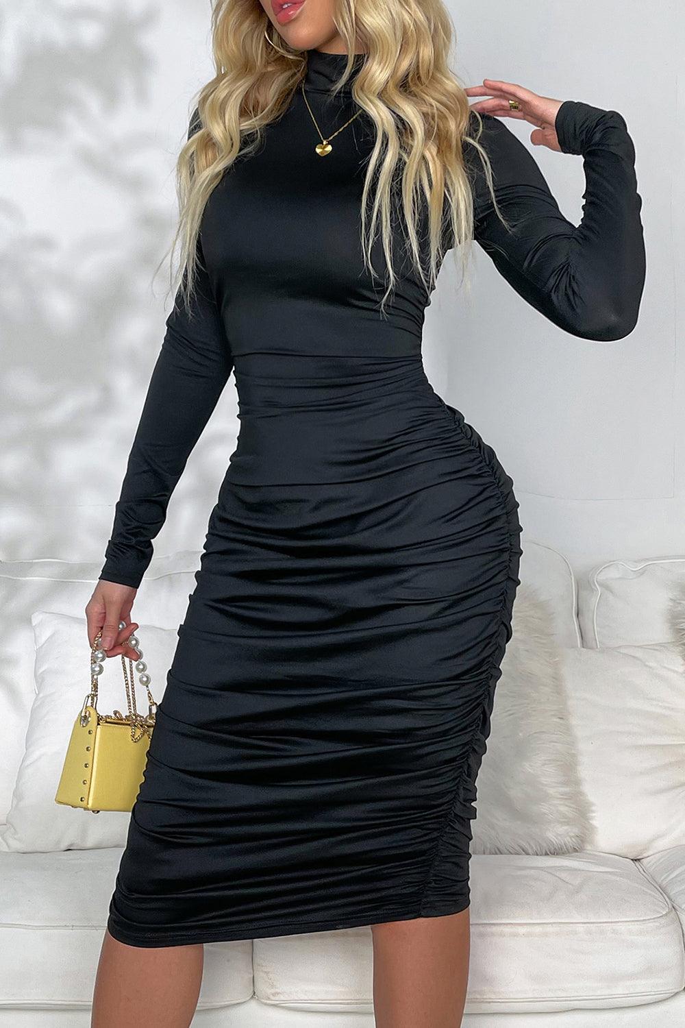 Ruched Mock Neck Long Sleeve Dress Black