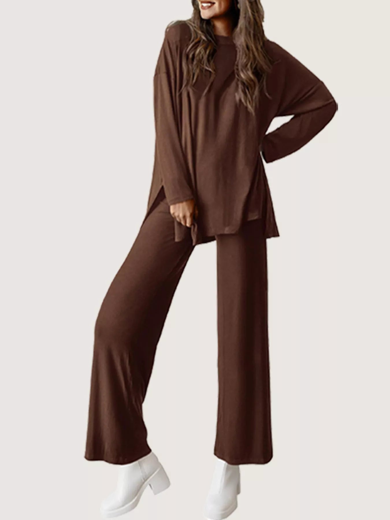 Casual Loose Long Sleeve Top and Wide Leg Pants Set