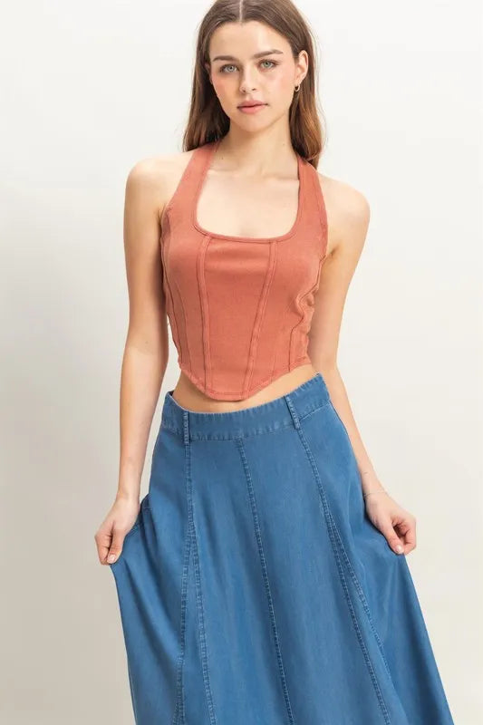 HYFVE Mineral Wash Halter Neck Everyday Top BRICK