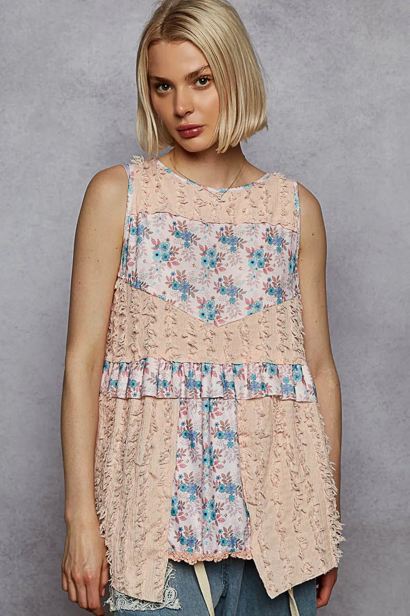 POL Floral Textured Round Neck Sleeveless Top