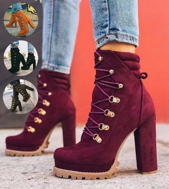 Heeled Boots For Women – Round Toe Lace Up High Heels Mid Calf Boots