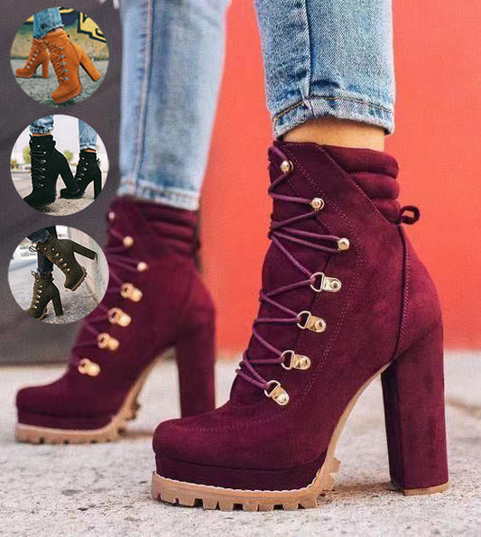 Heeled Boots For Women – Round Toe Lace Up High Heels Mid Calf Boots