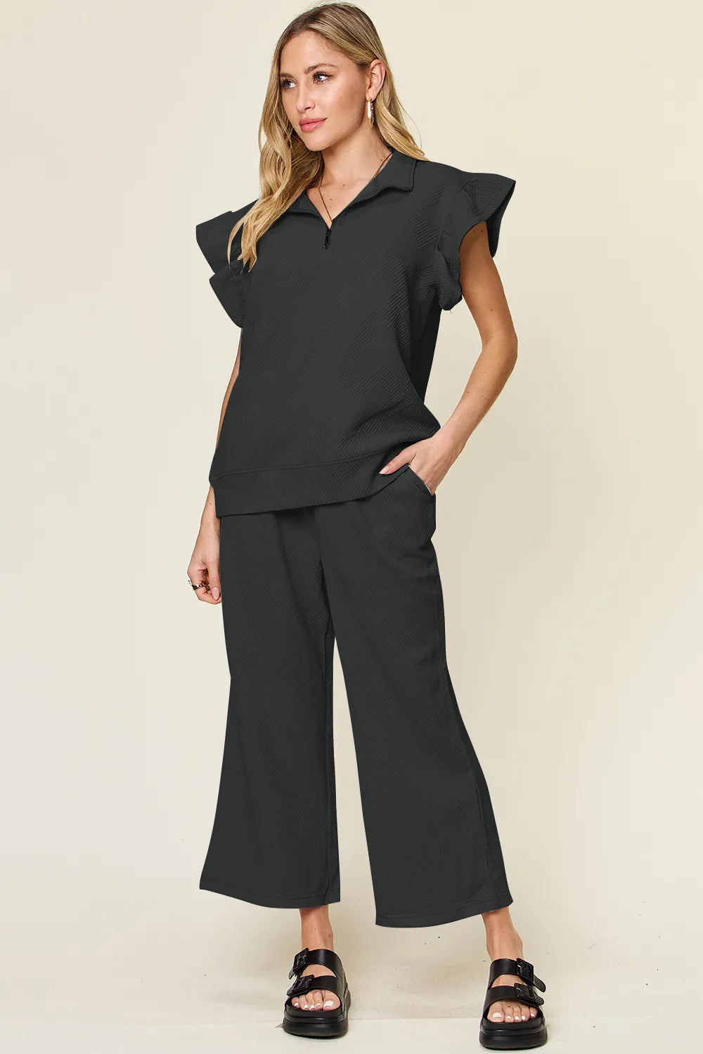 Double Take Texture Ruffle Short Sleeve Top and Drawstring Wide Leg Pants Set Black