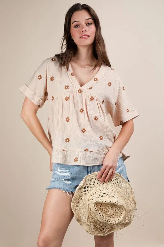 VERY J Flower Embroidered Woven Blouse