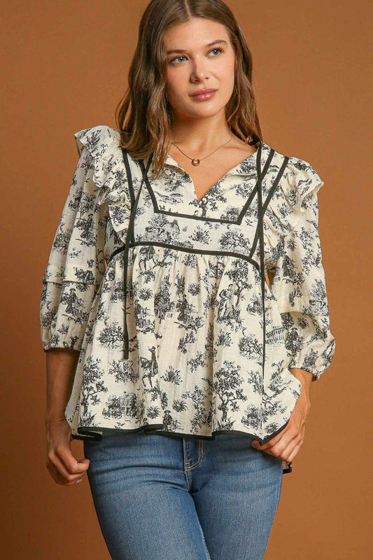 Umgee Ruffled Tie Neck Puff Sleeve Babydoll Blouse Cream