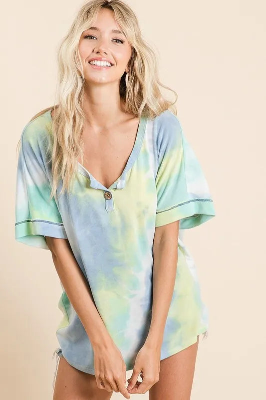 BiBi Tie Dye French Terry Top With Buttoned Placket MINT MULTI