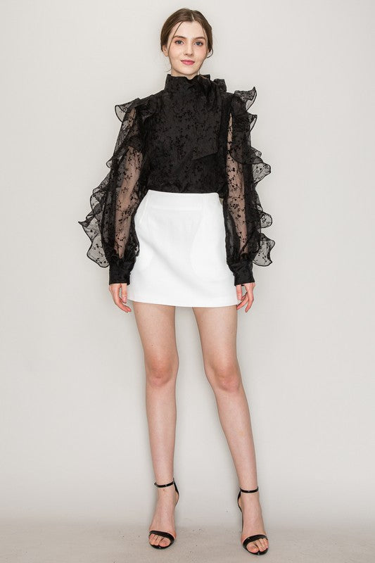 High Neck Long Sleeve Floral Print Frilled Blouse