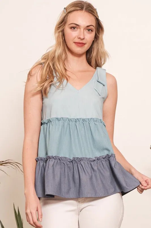 Lime 'N' Chili Full Size Color Block V-Neck Baby Doll Sleeveless Top Plus Size DENIM COMBO