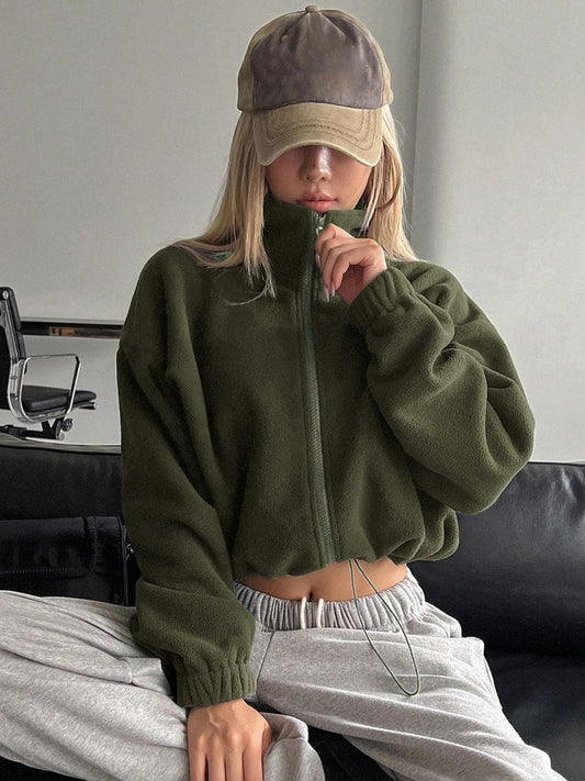 Honey Zip Up Long Sleeve Cropped Jacket Army Green