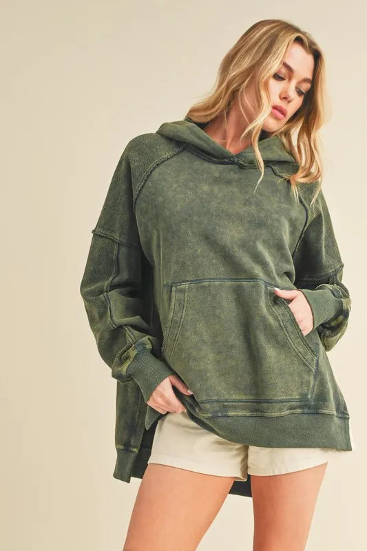 Aemi + Co Exposed Seam Side Slit Hoodie with Kangaroo Pocket