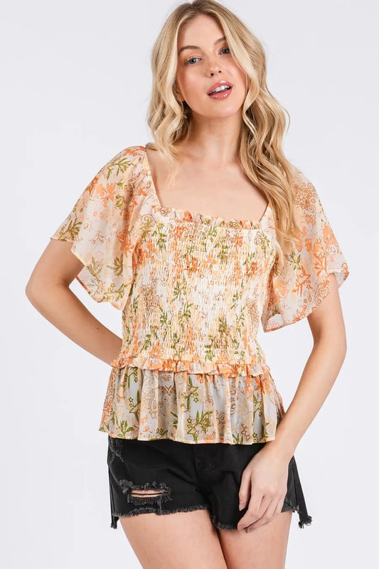 Mittoshop Floral Chiffon Smocked Square Neck Peplum Top ORANGE MULTI
