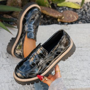 Women's Leopard Print Loafers - Chunky Heel Patent Leather Slip-On Shoes
