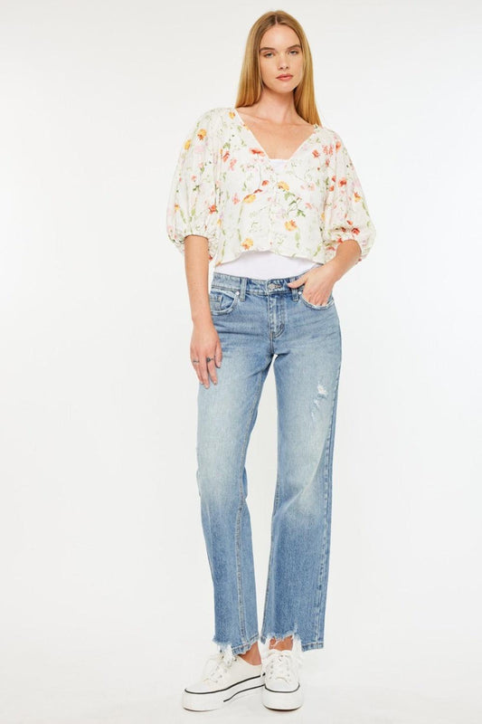 Kancan Mid Rise Frayed Hem Straight Jeans Medium