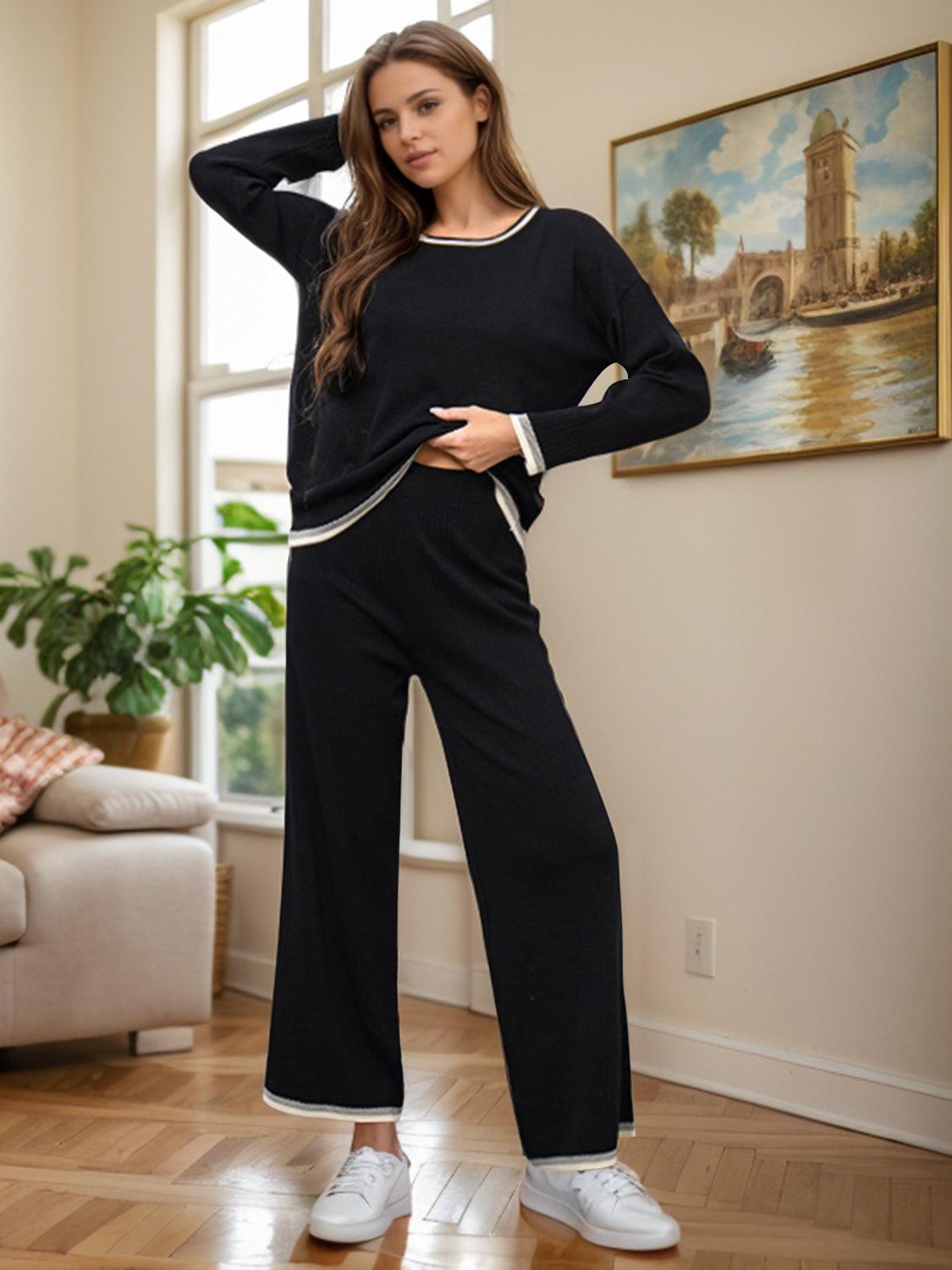 Contrast Trim Round Neck Top and Pants Sweater Set Black One Size