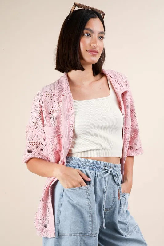 VERY J Plus Size Oversized Crochet Button Down Shirt Top