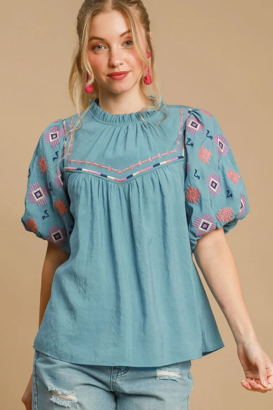 Umgee Full Size Embroidered Puff Sleeve Mock Neck Top Plus Size Teal