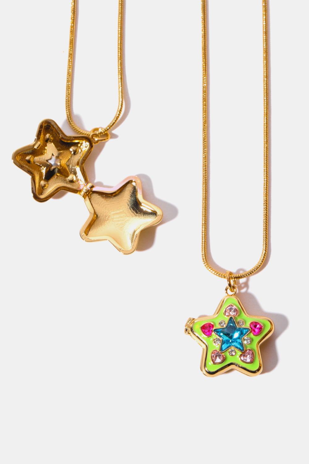 Rhinestone Decor Star Box Pendant Necklace Yellow-Green One Size