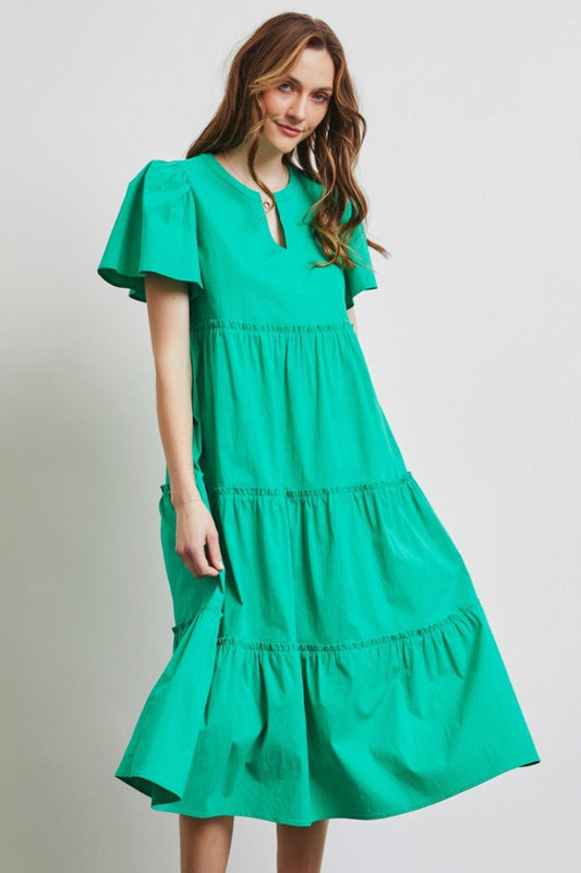 HEYSON Full Size Cotton Poplin Ruffled Tiered Midi Dress Emerald Green
