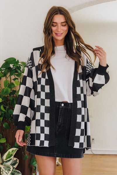 Annie Wear Checkered Open Front Drop Shoulder Cardigan Black