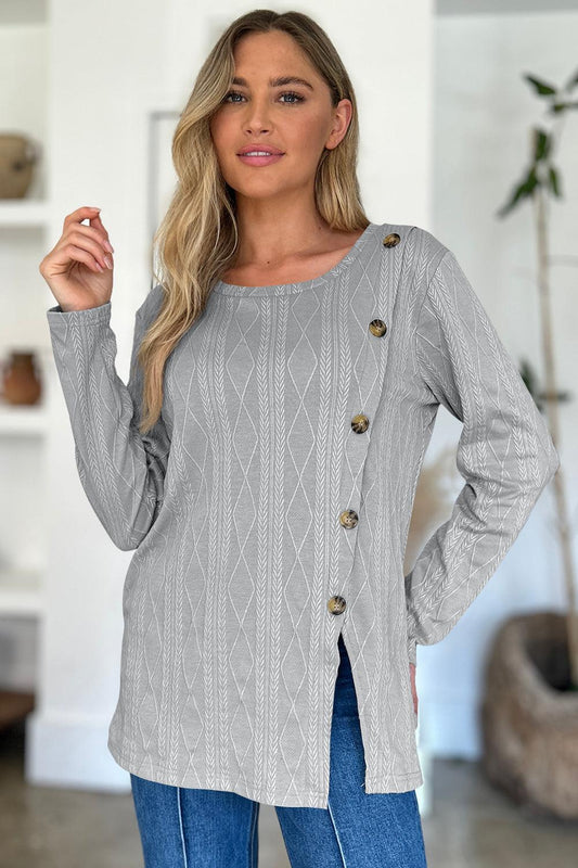 Slit Round Neck Long Sleeve T-Shirt Gray