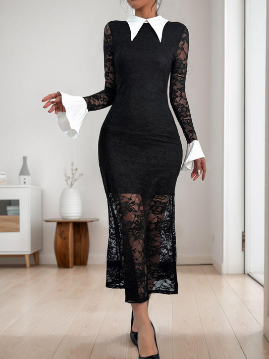 Perfee Lace Contrast Collared Neck Long Sleeve Midi Dress Black