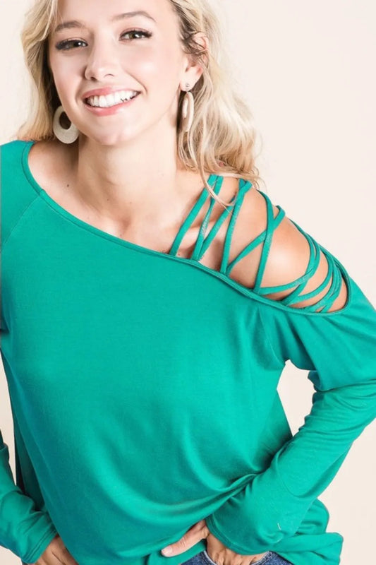 BiBi Jersey Knit One Shoulder Top with Criss Cross TEAL GREEN