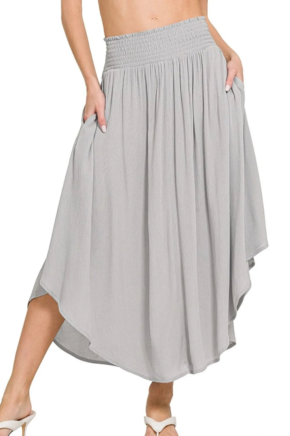 Zenana Woven Crinkle Smocked Waist Maxi Skirt W Pockets LT GREY