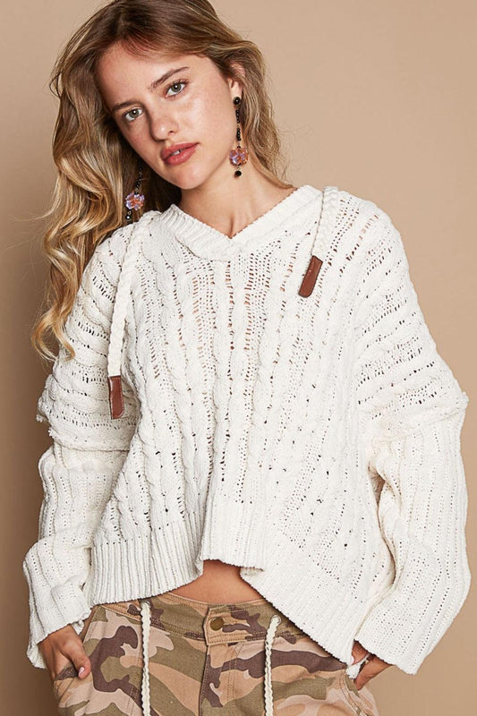 POL Rib Weave Sleeves Hooded Cable Knit Sweater Cream