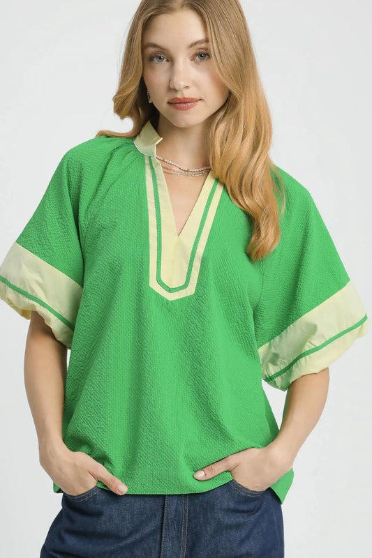 Umgee Contrast Trim Notched Puff Sleeve Blouse Green