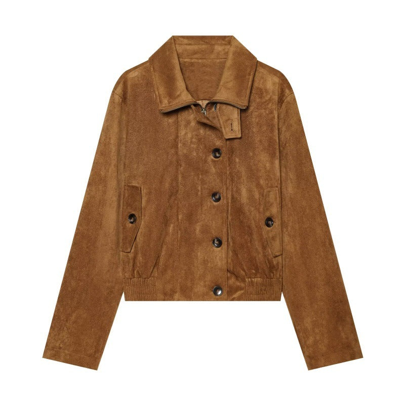 A cropped brown suede jacket with a collar, button front, and side pockets, shown flat on a white background.