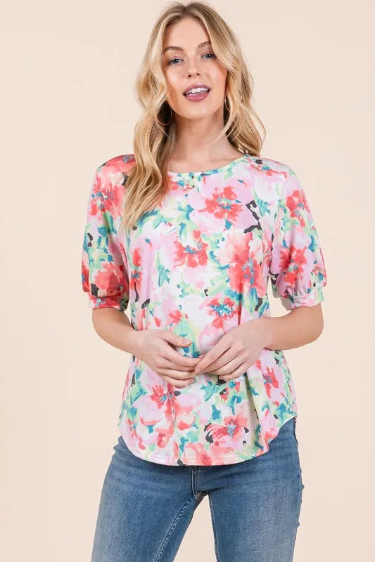 BOMBOM Floral Round Neck Puff Sleeve Top Pink Mix