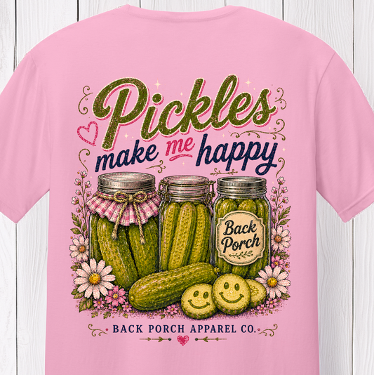 Pickles Make Me Happy T-Shirt | Funny Pickle Lover Graphic Tee | Women's Soft Ring Spun Cotton Shirt