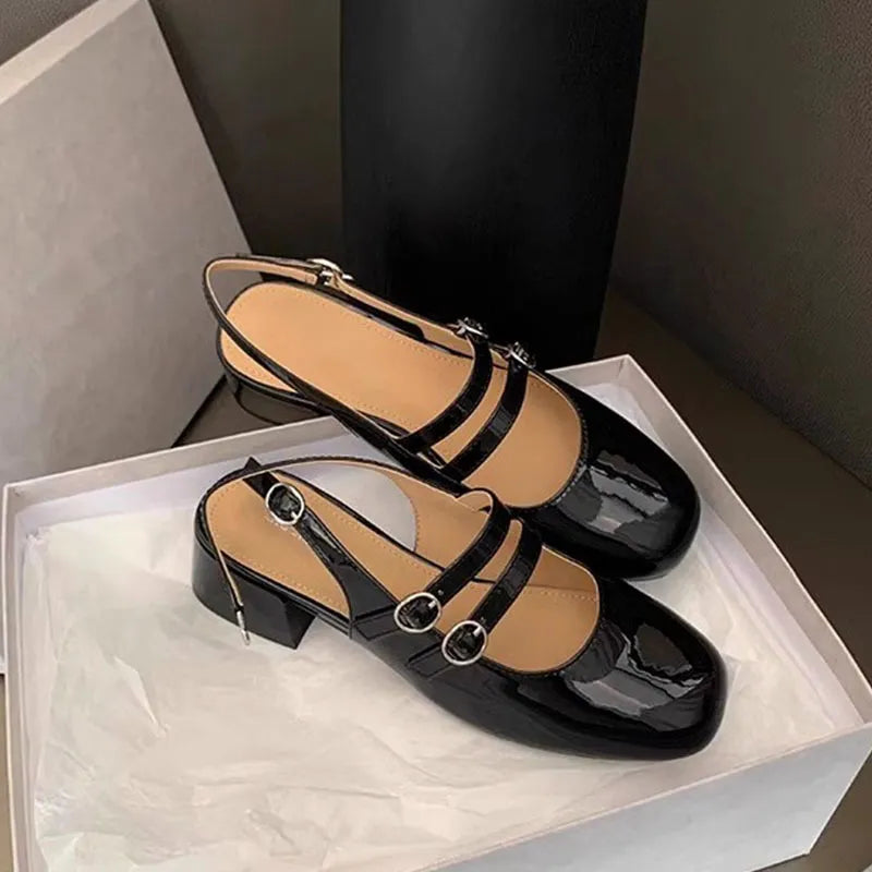 Square Toe Block Heel Mary Jane Shoes Black