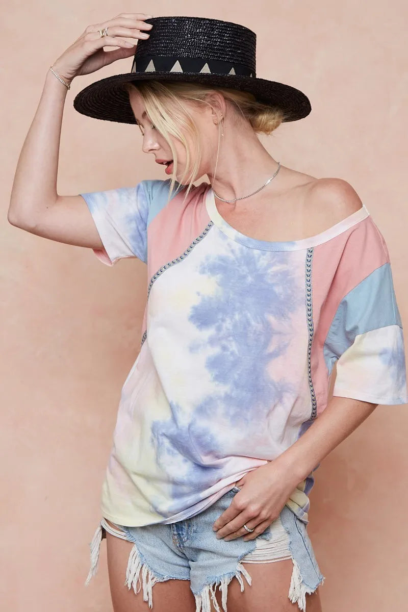 BiBi Tie Dye Printed Cotton Color Block T-Shirt