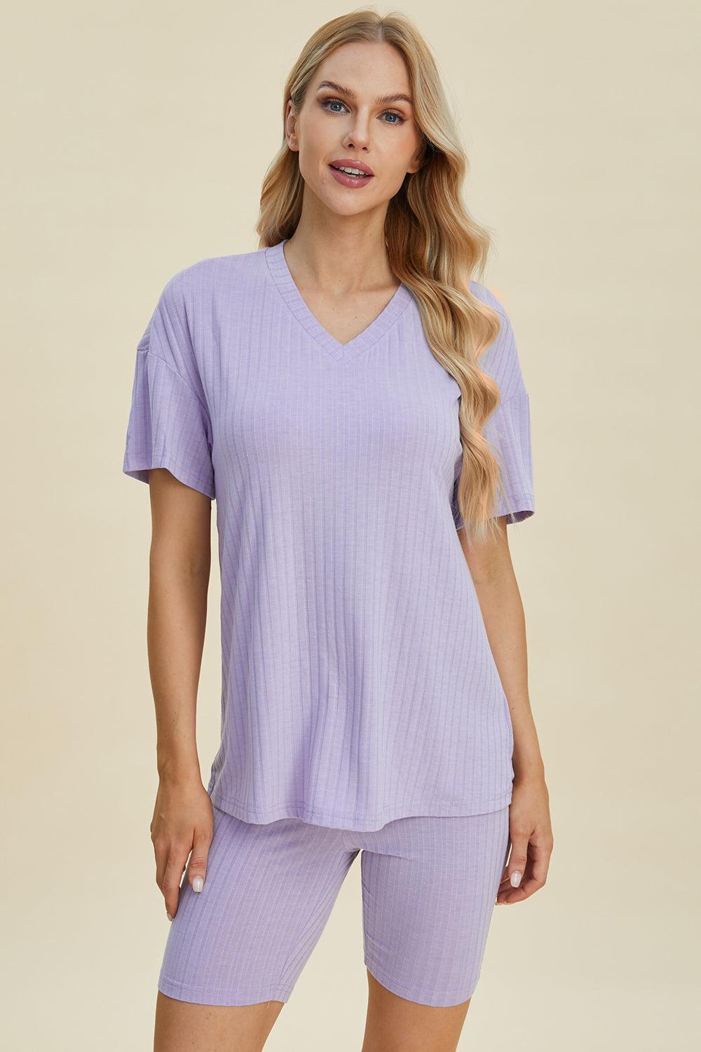 Basic Bae Full Size Ribbed V-Neck Short Sleeve Top and Shorts Set Lavender