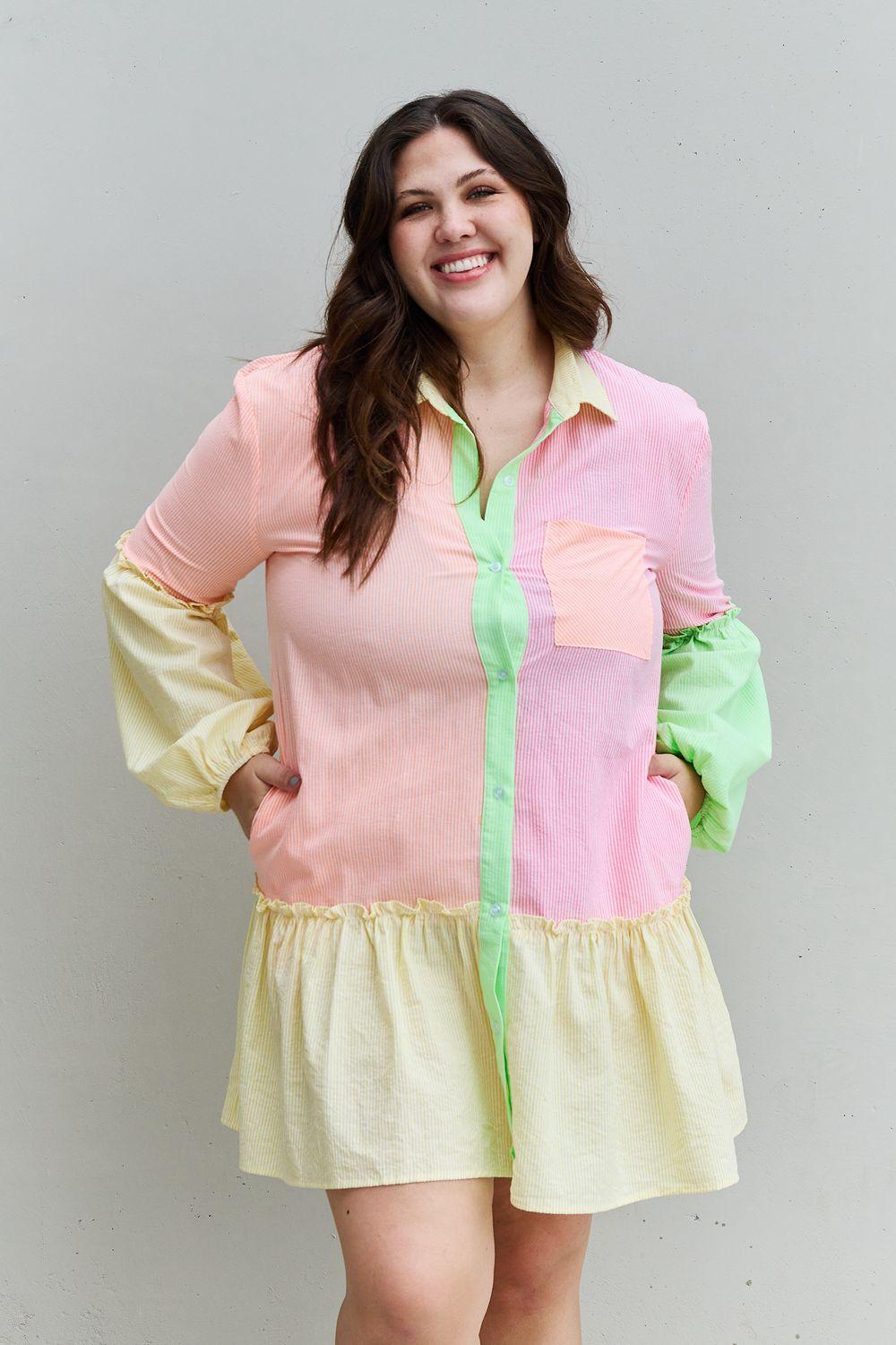 Davi & Dani Flying Colors Full Size Colorblock Long Sleeve Shirt Dress Neon Multi