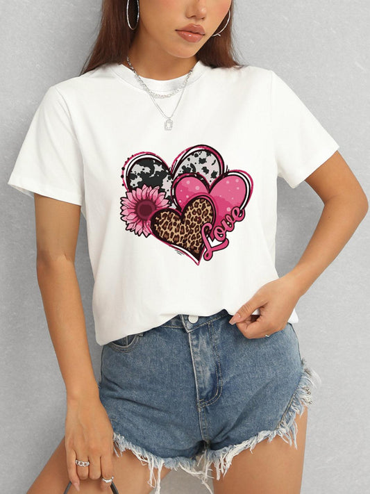 Heart Round Neck Short Sleeve T-Shirt White