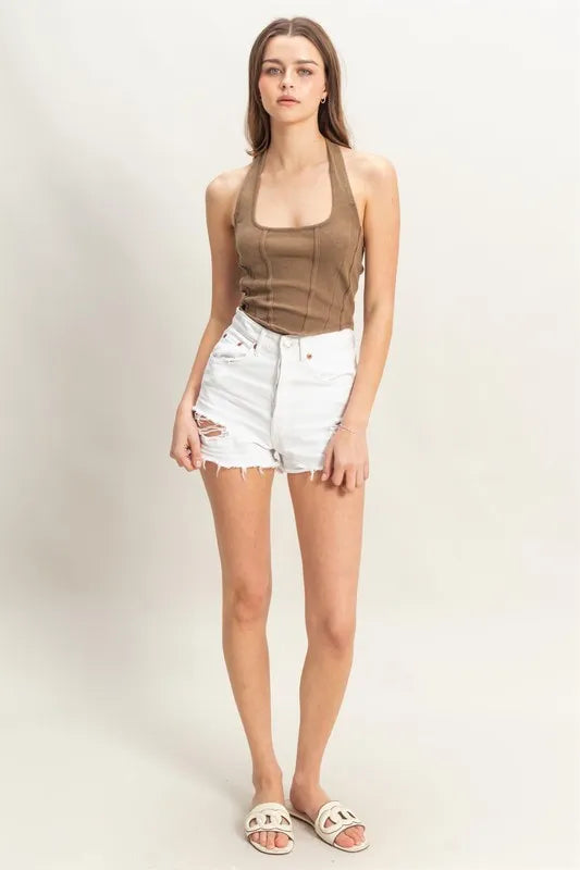 HYFVE Mineral Wash Halter Neck Everyday Top MOCHA