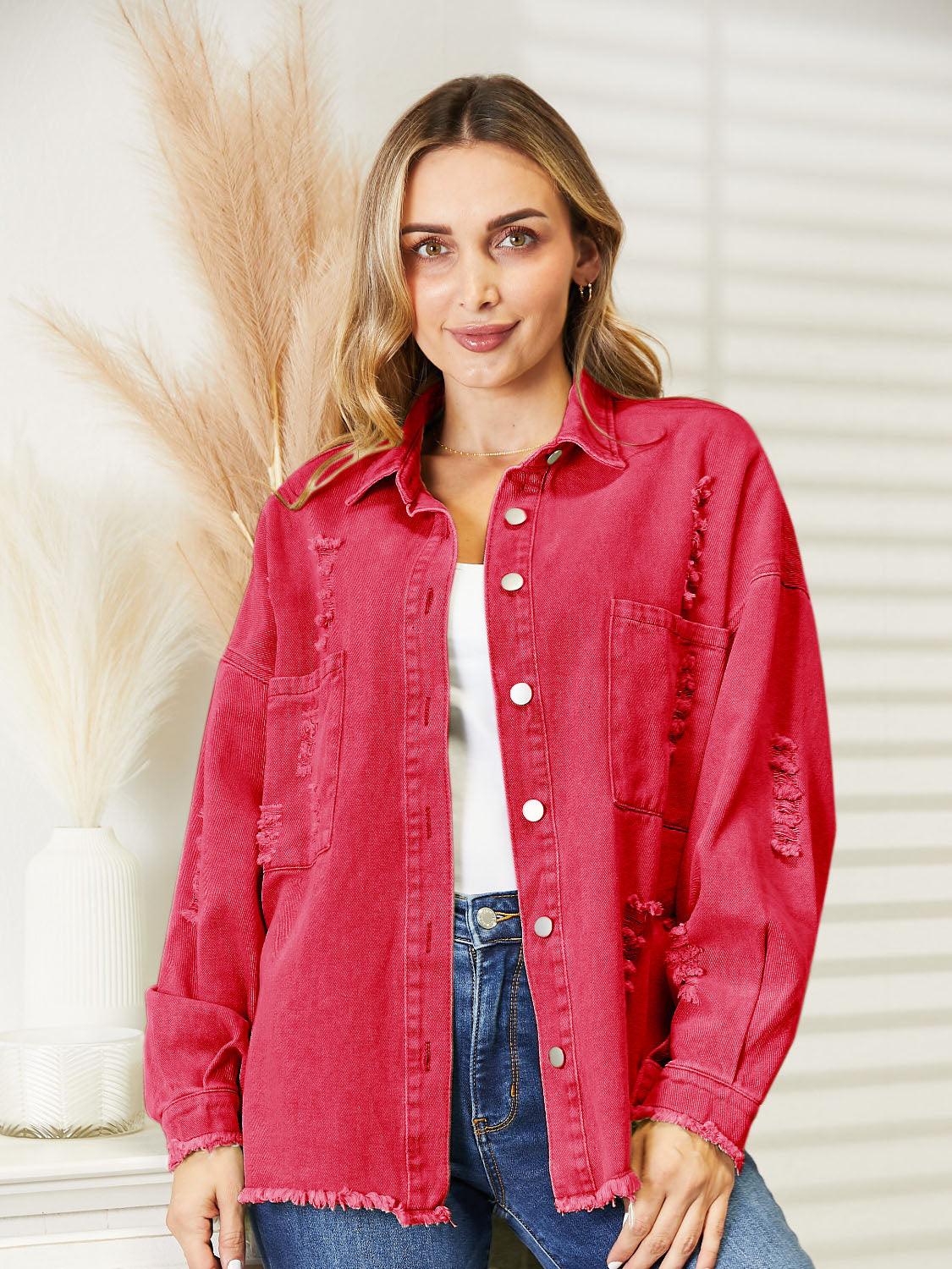Distressed Raw Hem Denim Jacket Hot Pink