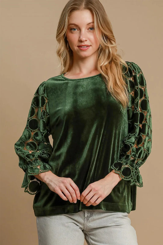 Umgee Polka Dot Lace Long Sleeve Round Neck Blouse Olive